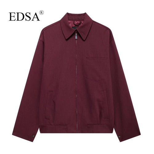 EDSA Women Vintage Loose Zipper Jacket Lapel Burgundy Color Jacket New 2024 Autumn Fashion Versatile Street Outwear Jacket